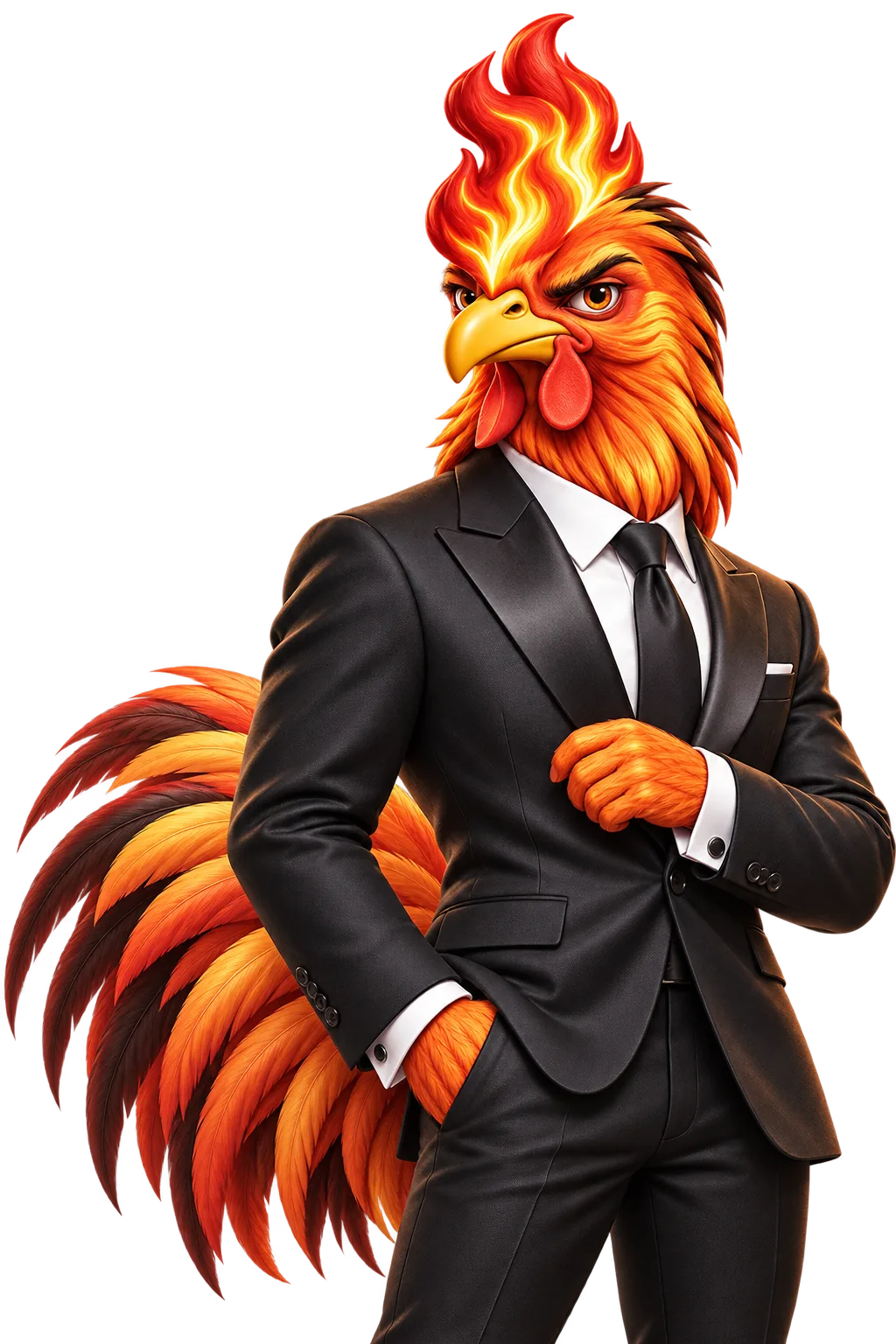 THE COOP’s Chicken Executive Officer: an orange, flame-combed chicken in a charcoal suit, adjusting a cuff. Fictional illustration.