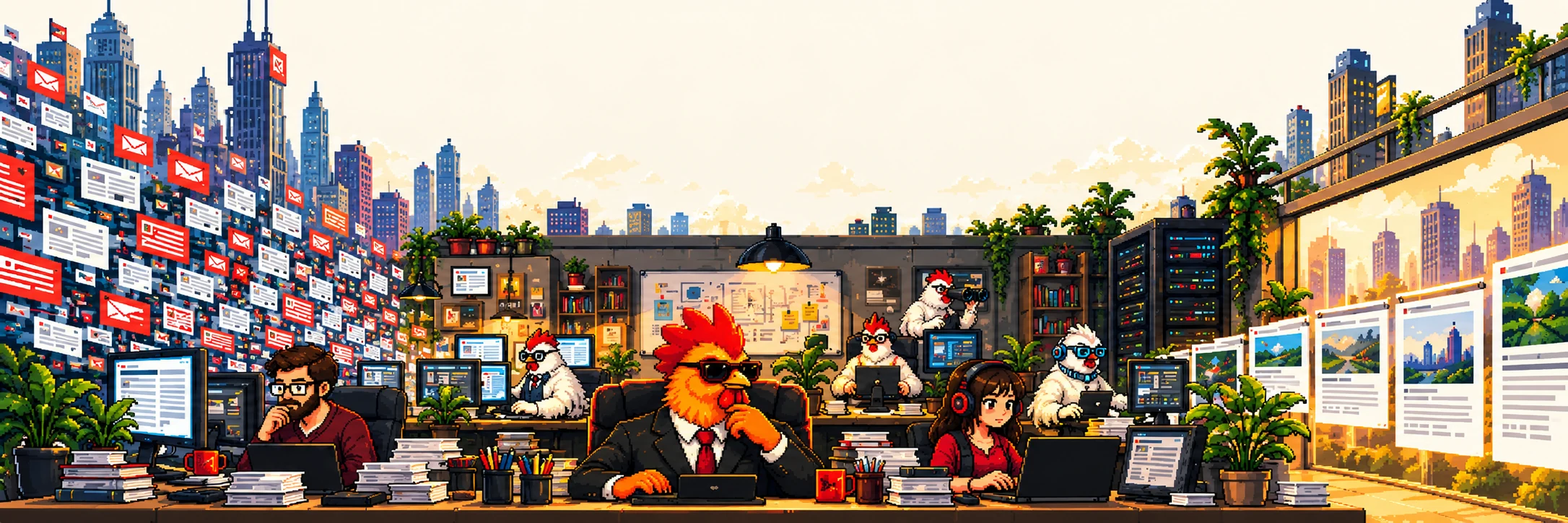 Pixel-art newsroom: human editors and AI chickens at desks, with a noisy city of screens on one side and clean article cards on the other. Fictional illustration.